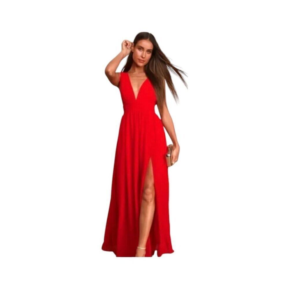 Lulus Women's Heavenly Hues‎ Red Maxi Dress Sleeveless V-Neck Pleated Size M #1